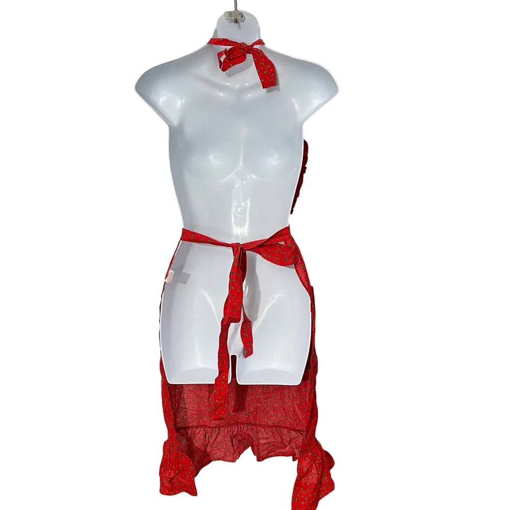 Country Christmas Apron Women OS Red Heart Print Ruffle Quilted Tree Vintage‎